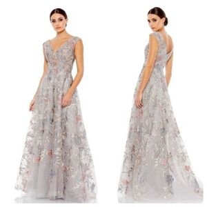 Max Duggal Floral Embroidered Evening Gown 20263 Silver Gray Embroidery